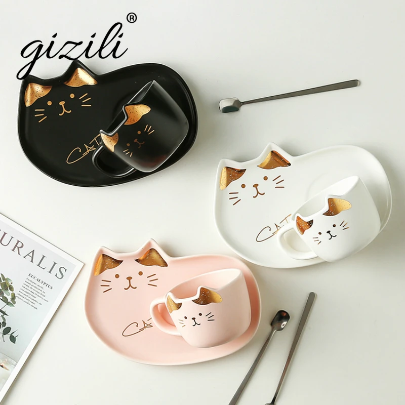 200ML Cartoon Ceramics Cat Mug Set With Saucers Spoon Coffee Milk Mugs Cute Creative Breakfast Drinkware Birthday Gift Porcelain