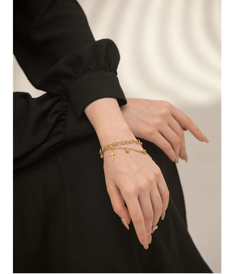 Yhpup Edelstahl Kreuz Layered Armband für Frauen Charme Metall 14 K Überzog Trendy Goldene Handgelenk Einzigartige Design Schmuck брелок – Detail 2