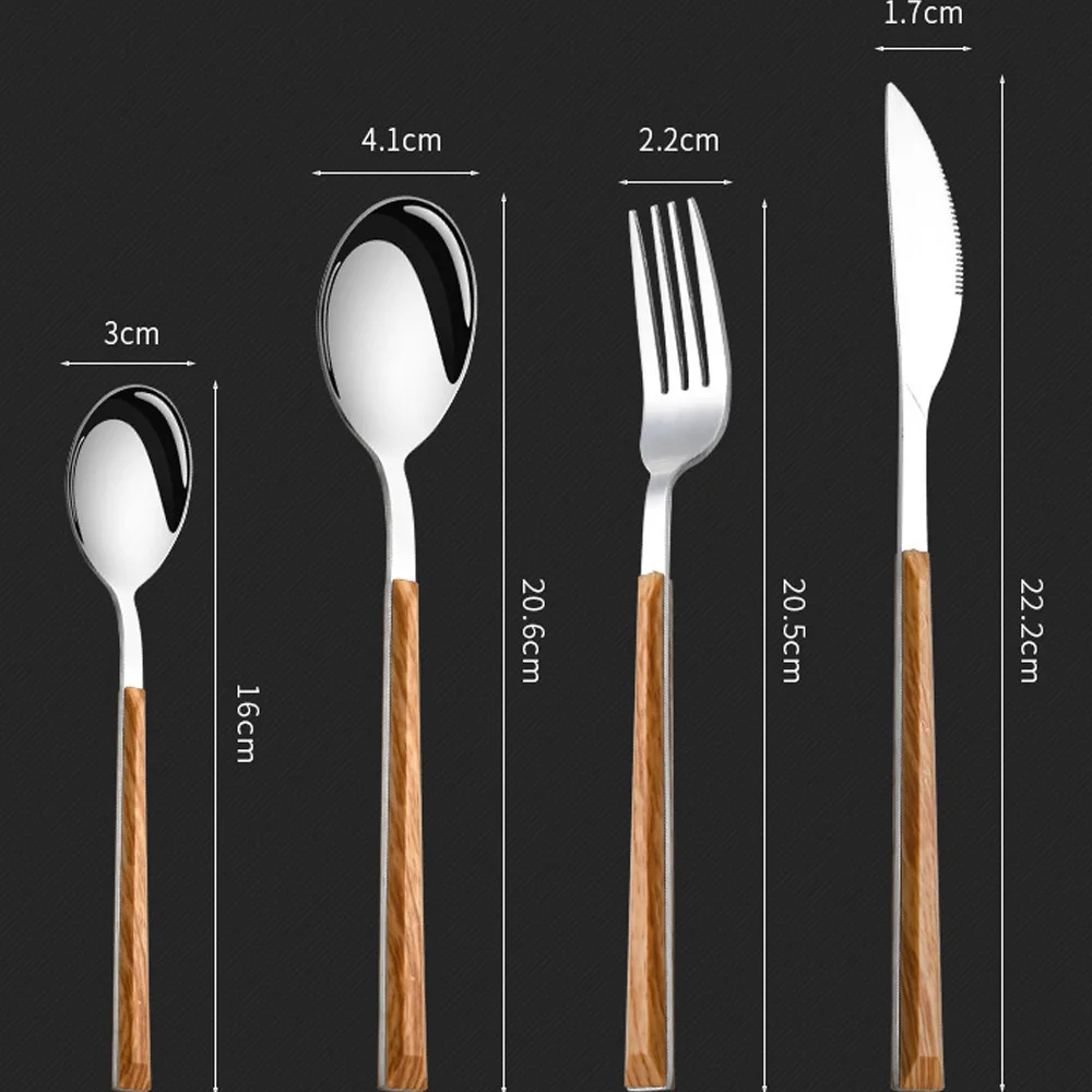 4 Sizes Wooden Handle Stainless Steel Knife Fork Spoon Home Kitchen Ice Cream Dessert Tea Tableware Tools Accessories Mug Coffee