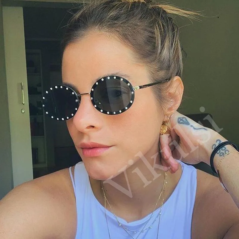 

Luxury CHIC Small Rimless Crystal Sunglasses Women Brand Designer White Diamond Oval Sun Glasses Female Oculos Eyewear UV400