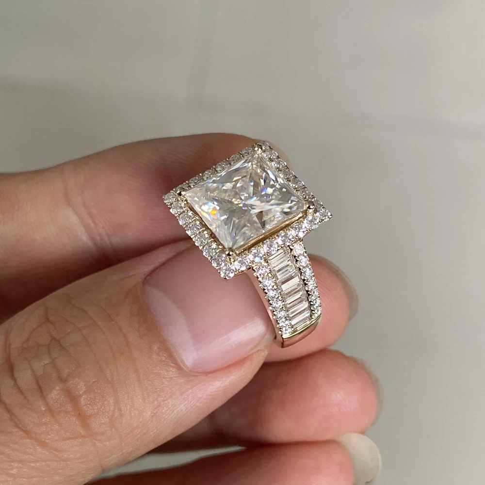 Man Ring Soild 14K Yellow Gold 10x10mm 6 Carats Princess Cut VVS1 D Moissanite Diamond Wedding Ring