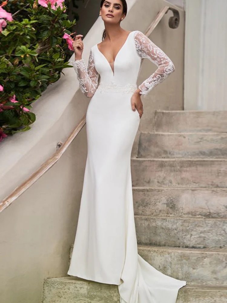 Novia – Robe De mariée sirène en dentelle plissée, tenue De mariage charmante, col en v, manches longues personnalisées, dos nu