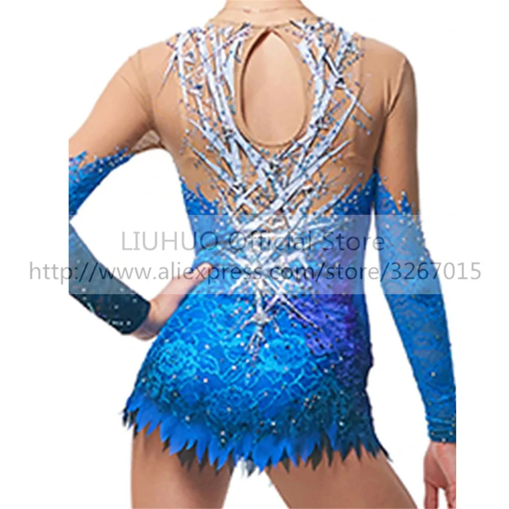 LIUHUO Women\'s Girls\'  performance Rhythmic gymnastics competition Leotard Artistic Costume Ice Skating Dress Blue Crystals Kids