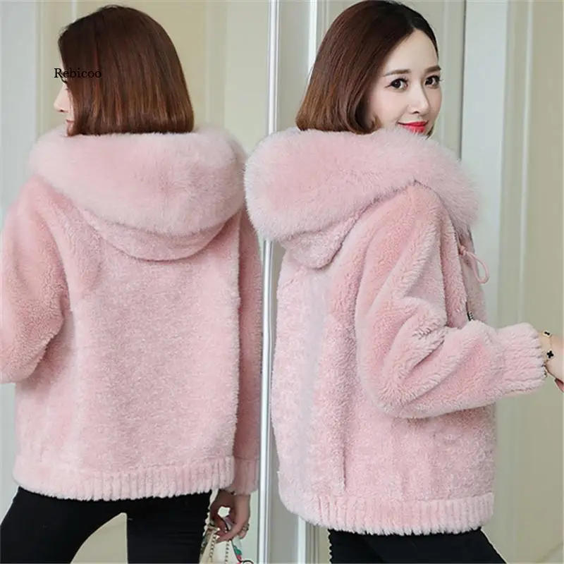 Autumn Winter Women Sheep Shearing Warm Coat Furry Jacket  Ladies Fake Fox Fur Collar Hooded Short Outwear H798