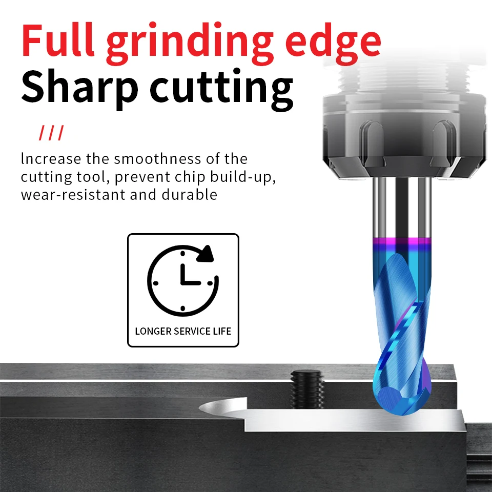 AUGT top burun End Mill HRC65 1-20mm Shank 2 flüt CNC Router Bit Nano mavi kaplamalı karbür freze kesicisi için Metal araçları