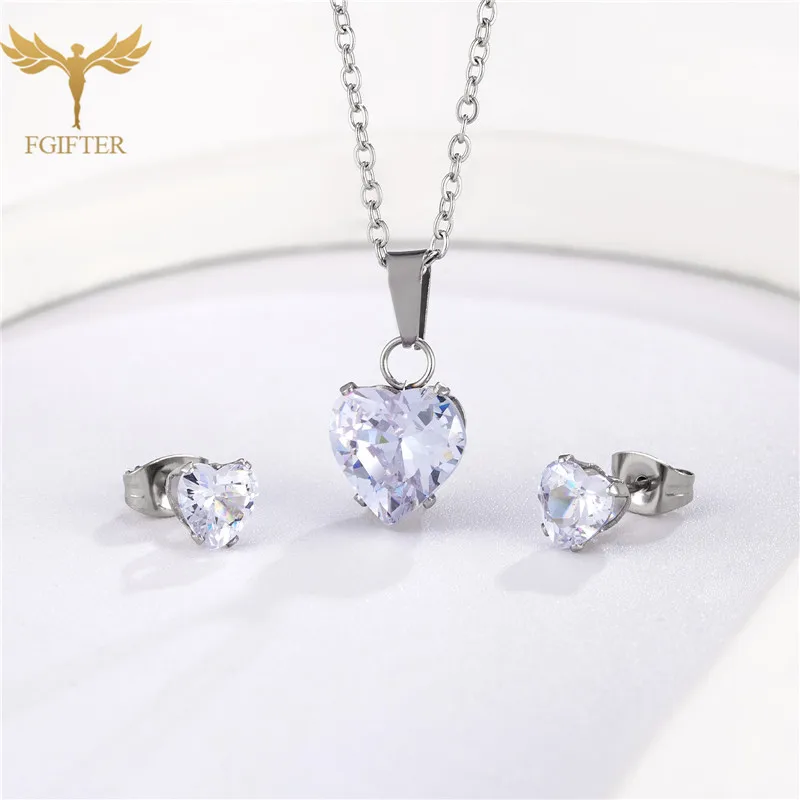 Heart Round Square Drop Water Crystal Pendant Jewelry Sets Chain Necklace and Earrings Stud Woman Stainless Steel Jewelry Gift