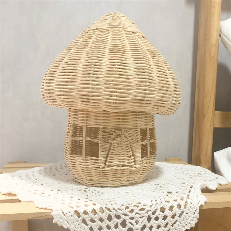 Vintage Handmade Rattan Weaven Mushroom House Kids Room Decoration Nordic Children Bedroom Kindergarte Light Ornament Basket