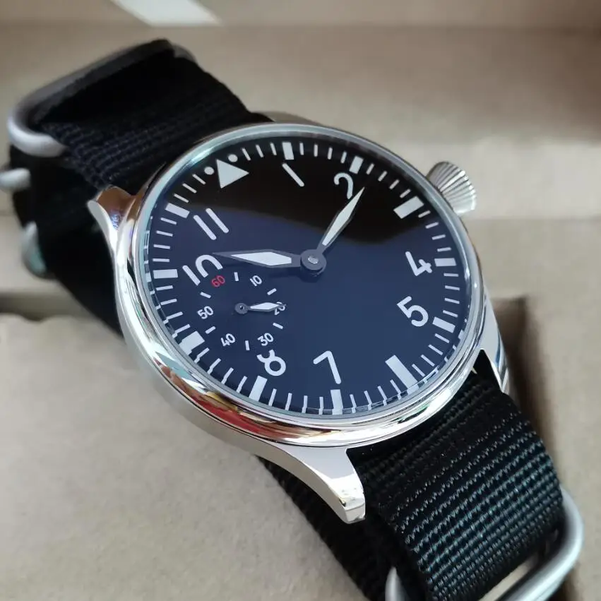 44mm Pilot not have logo Mechanical Hand Wind Men's Watch Black dial Mineral Glass/Sapphire Seagull st3600-2 movement G038