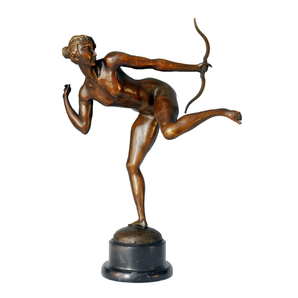 Bronze Statue Nude Woman Shotting Sculpture Hot Casting Antique Europen Art Marble Base Home Decor