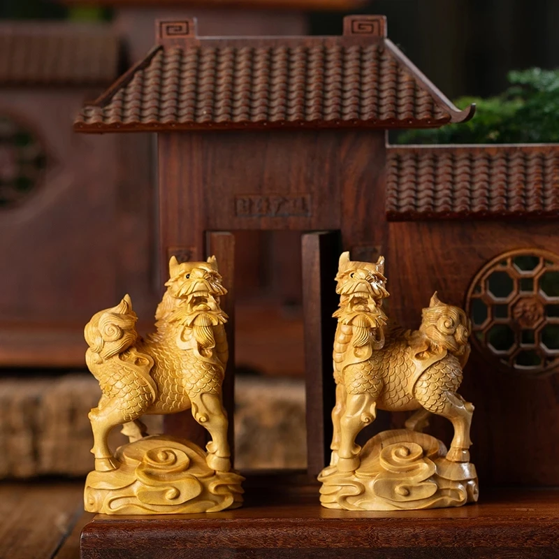 

10CM Lucky Animal Kylin Statue Small Gift Wood Statue Kirin Qilin Crafts Animal Figurines Feng Shui Boxwood Home Decoration