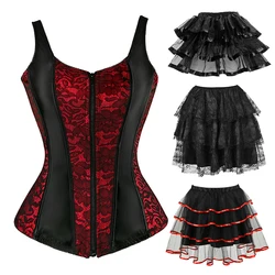 Overbust-Corset Jacquard avec Bretelles pour Femme, Bustier avec Fermeture Éclair, Grande Taille, Robe avec Jupe, Noir, Rouge, Violet