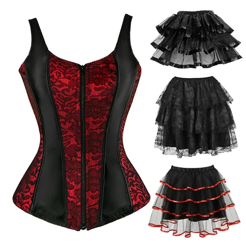 Corsé por encima del busto con correas, corsé de Jacquard, corpiño con cremallera de talla grande para mujer, vestido con corsé con falda, negro, rojo y morado