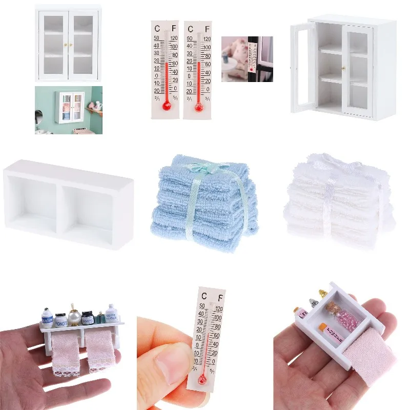 Miniature Cabinet Bathroom Furniture Kits Towel Rack Makeup Cosmetic Set Thermometer Home & Living For 1/12 Scale Dollhouse