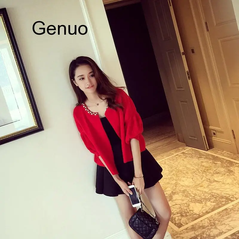 2020 Women Knitted Sweater Korean Style  Loose Coat O Neck Diamond Bead Collar Sweet Sweaters Cardigan Jacket