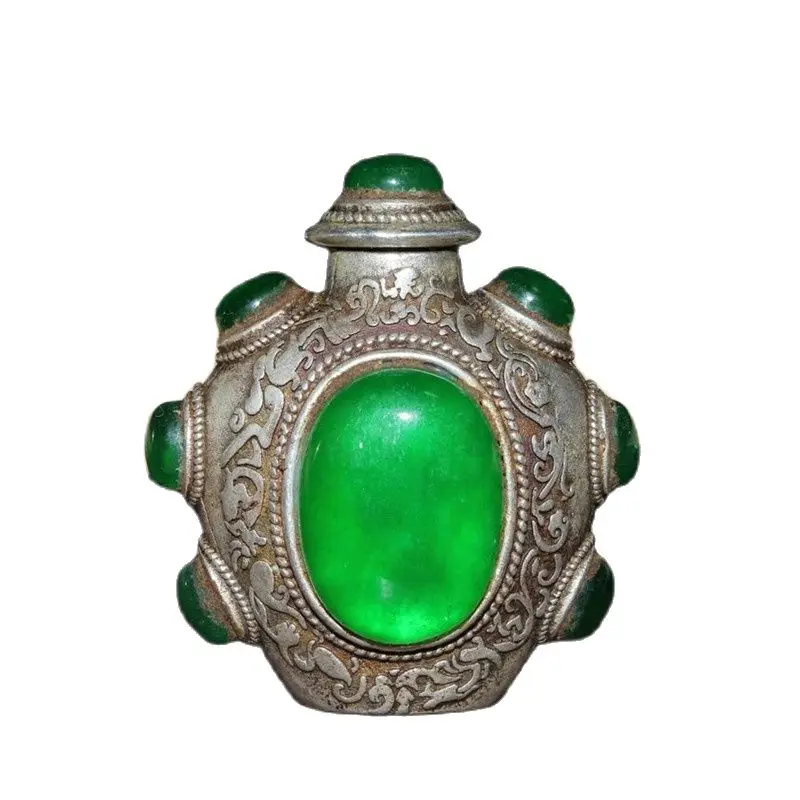 

China Old Tibetan Folk Silver Inlaid With Greenstone Jade Snuff Bottle