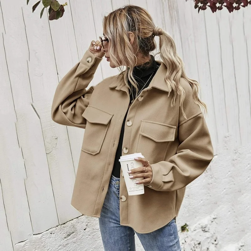 

Casual Woman Camel Loose Pocket Woolen Shirt 2021 Fashion Ladies Autumn Long Sleeve Thick Blouse Coat Female Long Outwear