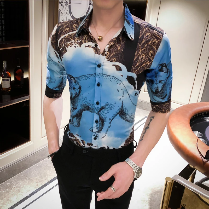 

Short Fashion Print Sleeve Slim Casual Shirts Men Dress Streetwear Social Clothing Camisa Masculina 2020 British Style Men Shirt