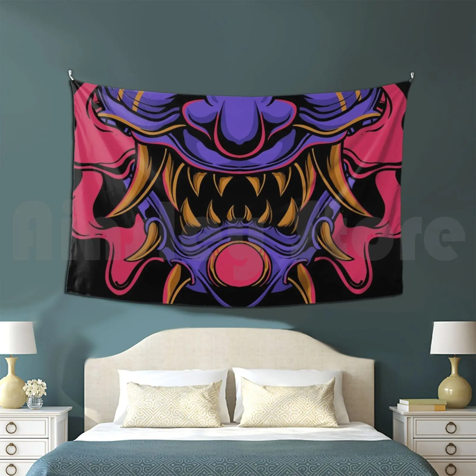 Oni Demon Tapestry Living Room Bedroom Face Funny Face Face Mouth Funny Mouth Funny Cool Mouth Face Teeth