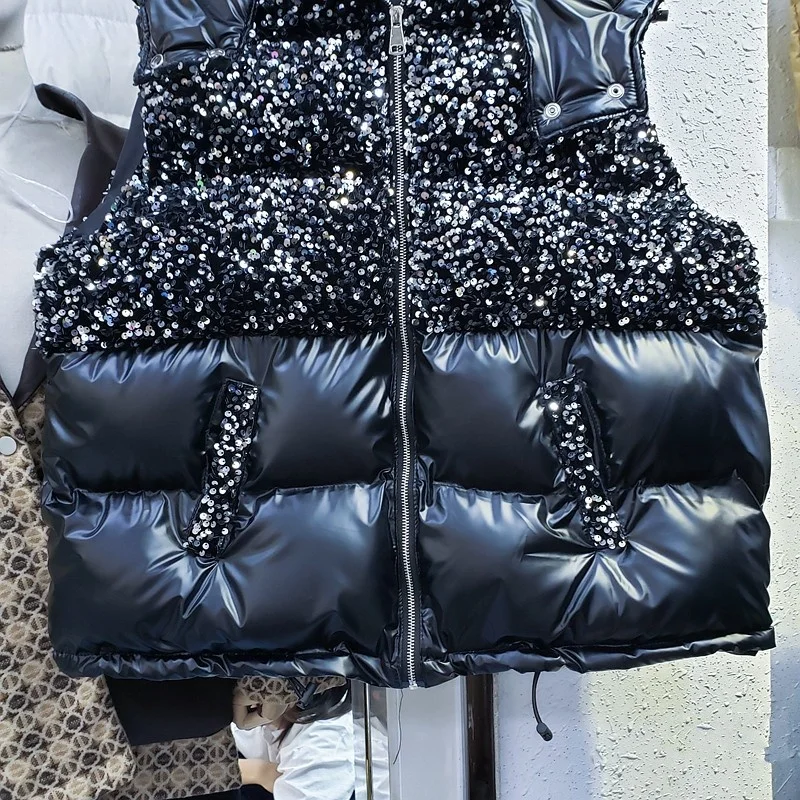 Sequin Fashion Loose Down Vest Women Winter Thick Warm Zipper Sleeveless Jacket Outwear Street Splice Cotton Waistcoat Female