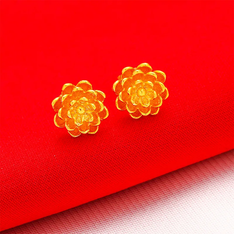 QEENKISS EG550 Fine Jewelry Wholesale Fashion Hot Woman Girl Birthday Wedding Gift Vintage Lotus Flower 24KT Gold Stud Earings