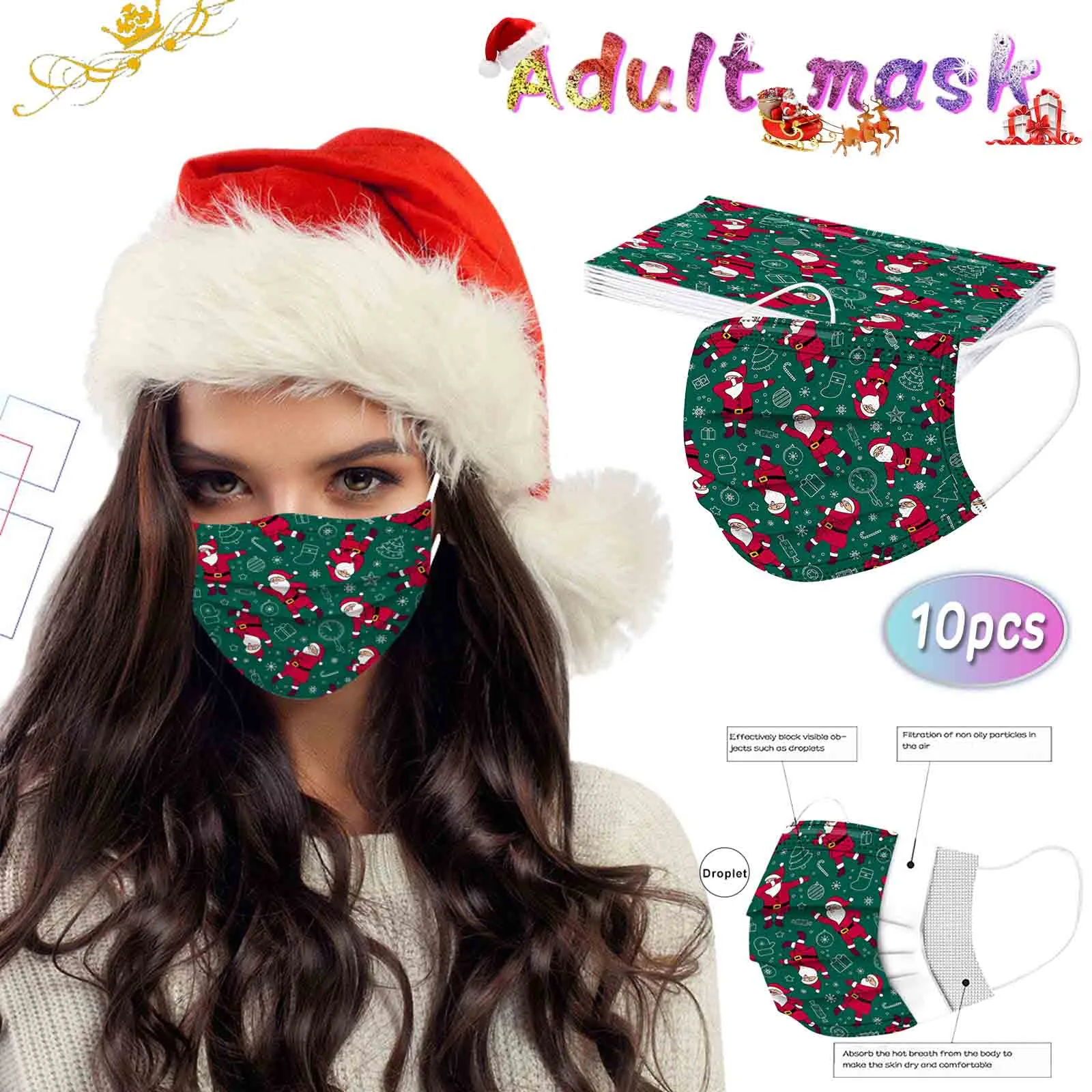 10pcs Disposable Face Mask Adult Christmas Mask Elk Printed Disposable Masks Mascarillas Adult Desechable Mask Xmas masque