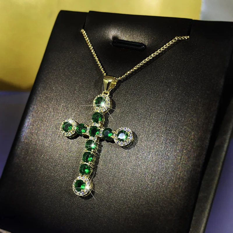 natural Emerald cross pendant vintage 18k gold real gold chains collar necklace collares goth accessories valentines day gifts