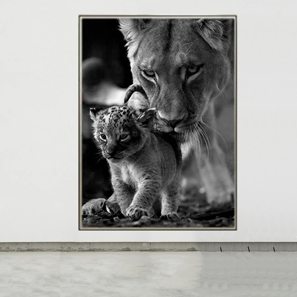 

Animal Black And White Canvas Art Lioness And Cub Painting Lion Poster Print On The Wall Art Picture For Home Living Room Decor