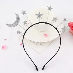 Princess Girl Halloween Party Crown Headband Glitter Powder Moon Star Charms Metal Alloy Hair Hoop Birthday Tiara Headpiece