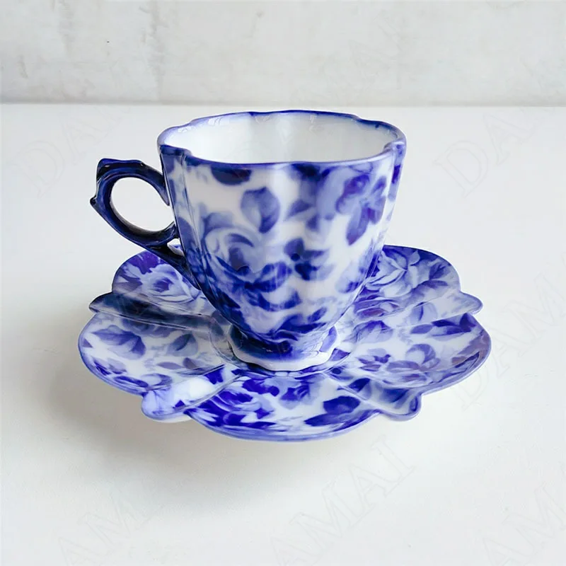 Hollow Out Ceramics Plate Blue and White Porcelain Cake Dessert Dish European Underglaze Color Afternoon Tea Cup and Saucer Set