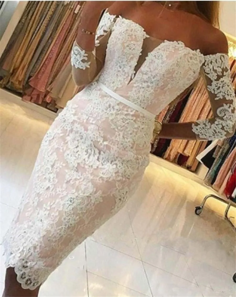 

Chic Off Shoulders Cocktail Dress 2021 See Through Long Sleeves Holiday Club Wear Homecoming Party Gowns Plus Size Custom Make