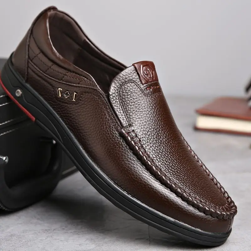 Mocasines de cuero genuino para Hombre, zapatos informales de negocios sin cordones, clásicos, suaves, transpirables, planos