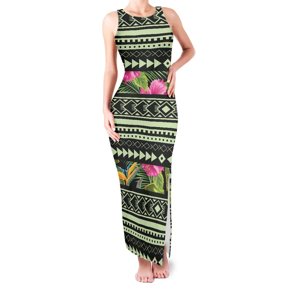 

Polynesia Traditional Tribe Samoa Flower Print Sleeveless Sheath Dress O-Neck Ladies Sexy Vest Beach Split Large Size Clothing