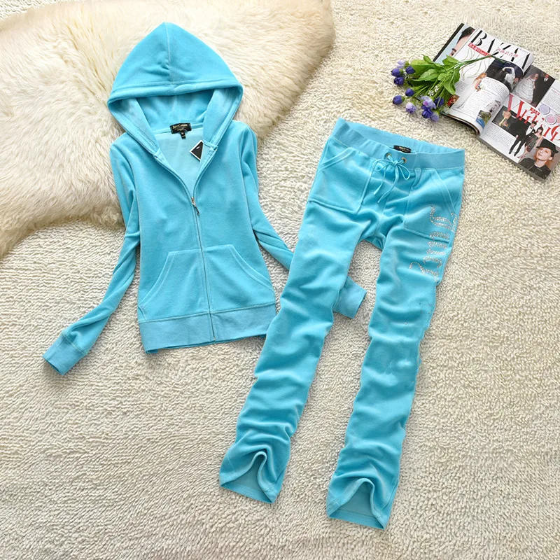 Juicy Lovers Brand Slim Women Spriting Suits Outdoor Diamonds Velvet Casual Tracksuits Hooded Collar Jogging Sportswear suit