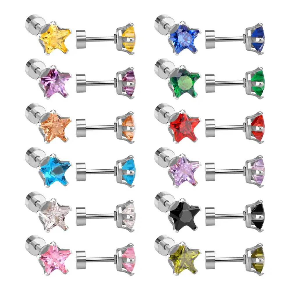 LUXUSTEEL 12pairs/lots Women Earrings Stainless Steel Wholesale Star Colorful Cubic Zirconia Screw Stud Earring Fashion Jewelry