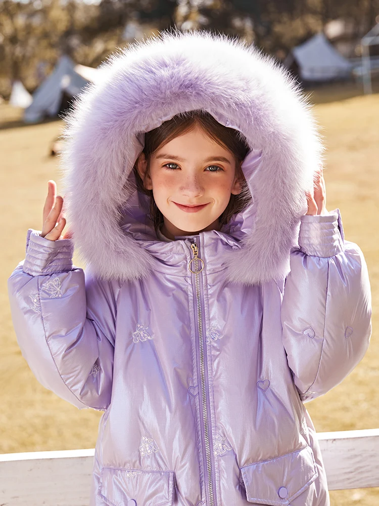 5-14 Years Girls Winter Down Coats 2022 New Fur Hooded Long Parkas Fashion Embroidery Thicken Warm Outwear Jacket