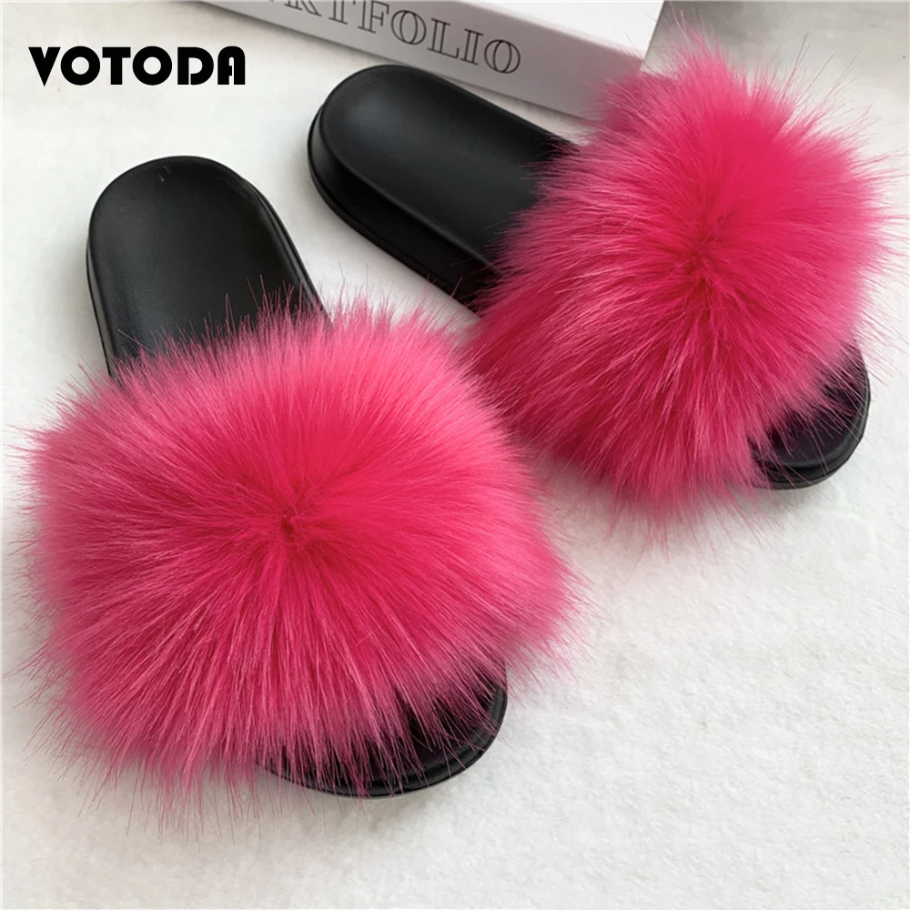 New Fluffy Faux Fur Slides Women Fur Slippers Furry Raccoon Sandals Faux Fox Fur Flip Flops Home Soft Woman Casual Plush Shoes