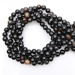 Smooth Black Striped Agates Onyx Beads For Jewelry Making 15.5inch Natural stone beads Pick Size 4 6 8 10 12mm Beads