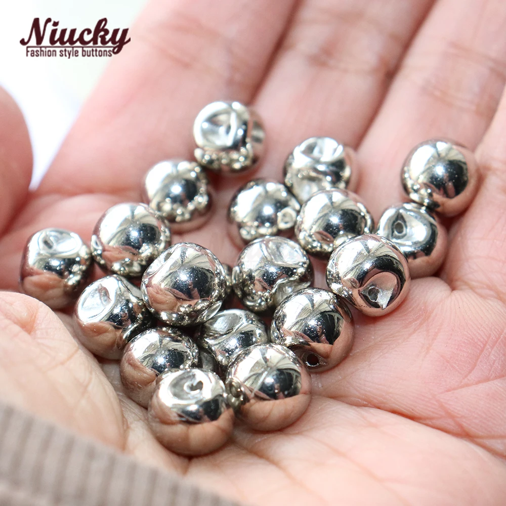 Niucky-Bola redonda con agujero oculto, botones de perlas plateadas ligeras para coser ropa, vestido, manualidades, cuentas decorativas, P0301-046Silver, 10mm