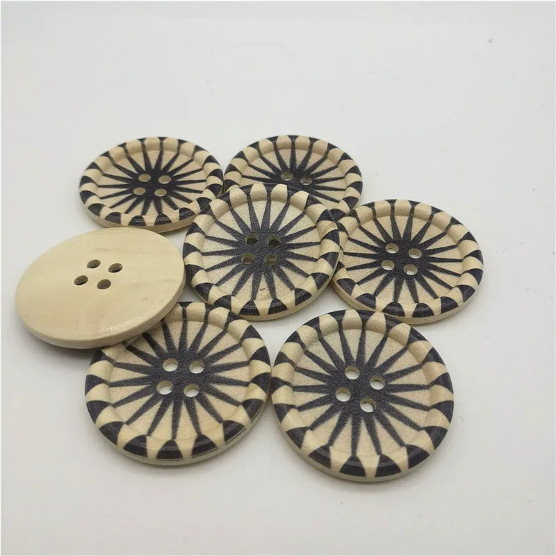 10pcs 30mm/40mm Large Wood Buttons 4 Holes Black Star Patterns Round Sewing Embellishments Cardmaking Scrapbook Bag Decorations