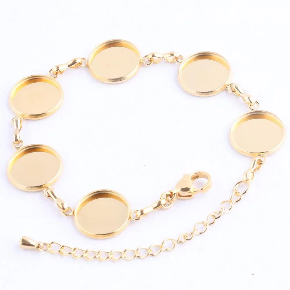 Pulsera de cabujón redonda chapada en oro de acero inoxidable, 2 piezas, 12mm, Base de ajuste, bandejas de bisel Diy para pulseras, fabricación de