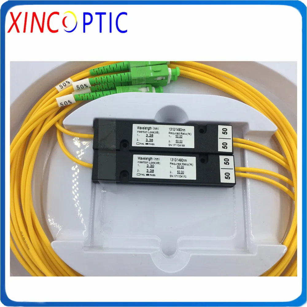 1M 1*2 FBT 1310/1550 Dual Window 10/90 15/85 20/80 25/75 30/70 65/35 40/60 50/50 55/45 SC/APC ABS Box Type 1x2 Fiber Splitter