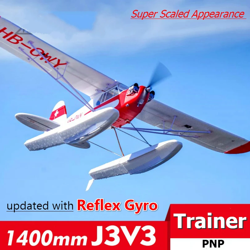 FMSRC RC Airplane 1400mm 1.4M J3 Cub Piper V3 with Floats Reflex Gyro Trainer Beginner PNP Water Sea Plane Aircraft Avion J-3