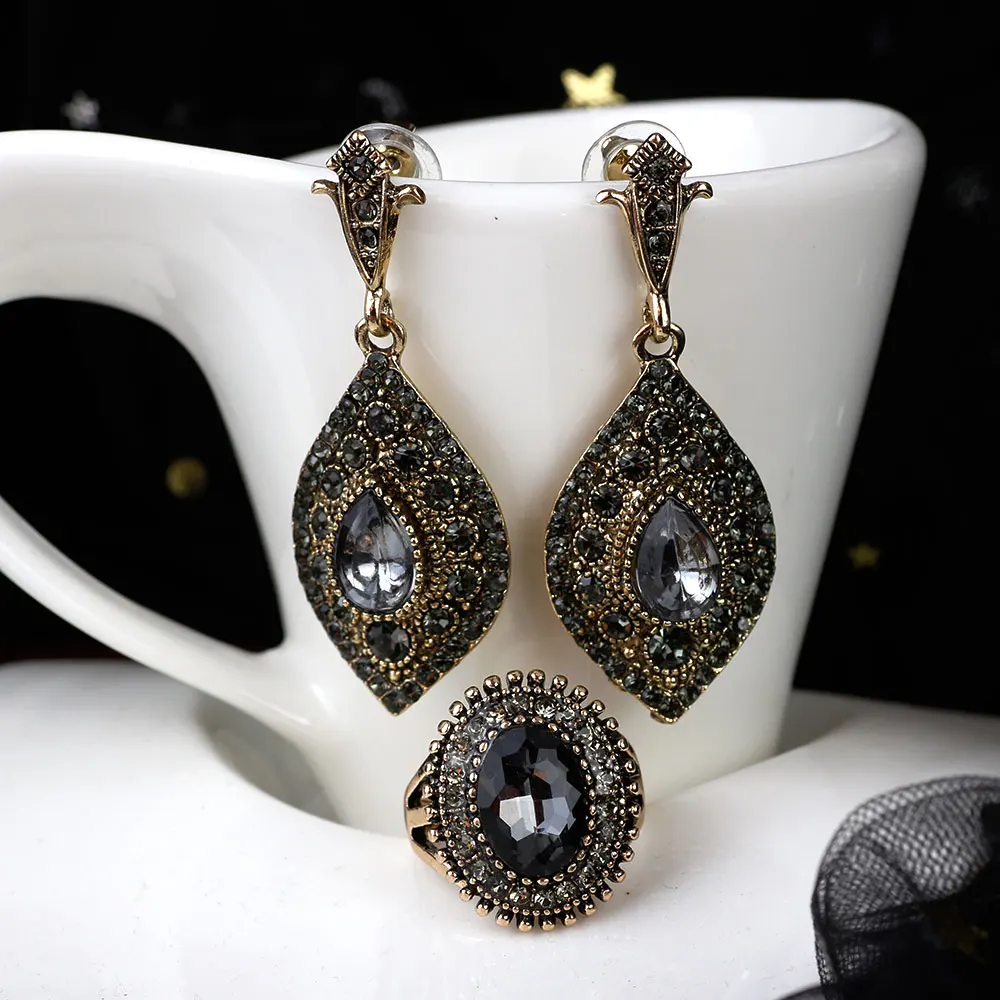 Sunspicems 2020 Bohemia Gray Crystal Wedding Jewelry Set Earring Ring for Women Antique Gold Color Turkish Vintage Party Bijoux