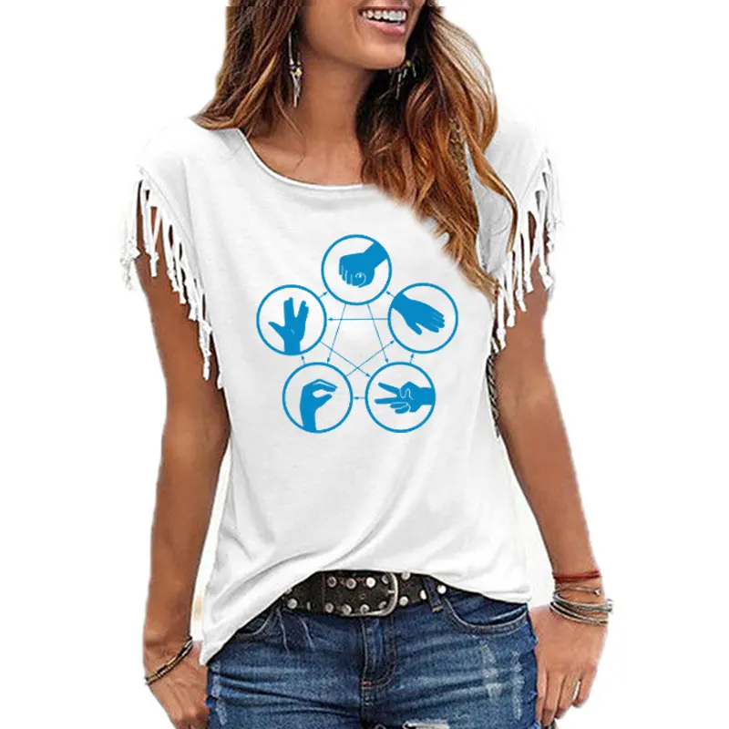 The Big Bang Theory Women T Shirt Sheldon Mora finger-guessing game Tops Short Sleeve Cotton Sexy Tassel Tee Tops