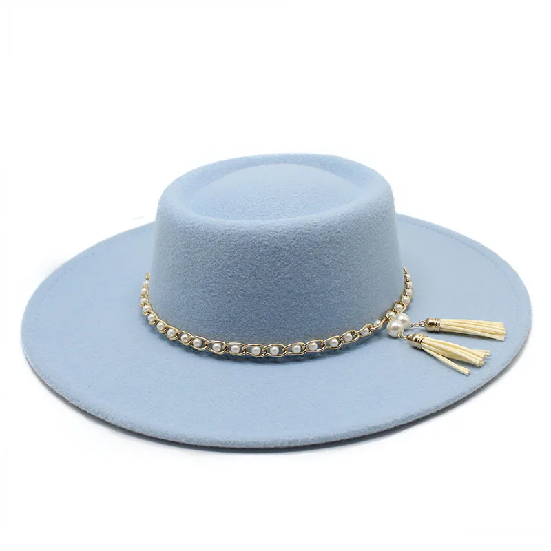 Summer Simple Dome Solid Color Wool Felt Jazz Fedora Hats with Pearl Chain Men Women Wide Brim Panama Trilby Cap Autumn winter