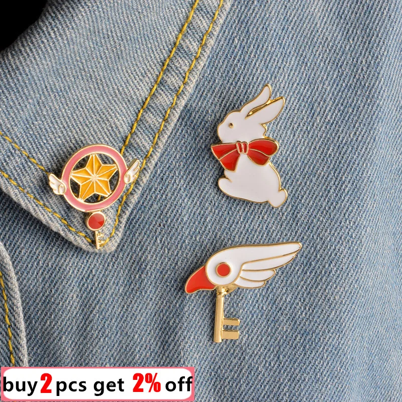 Cute Japanese Anime Lapel Pin Design Sakura Classic Magic Star Stick Birds Head Key Model Rabbit Fashion Cartoon Brooch Jewelry