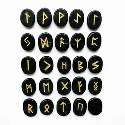 Natural Black Obsidian Palm Stones Viking Runes Amulet Divination Palmstone Crystal Nordic Runes Stones Set Symbols Crafts 25pcs