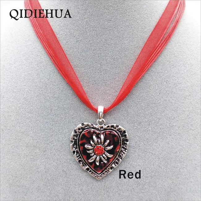 Fashion Vintage Heart Edelweiss Necklace Enamel Pendant Multicolor Charm Rope Choker for Women Oktoberfest Party Jewelry