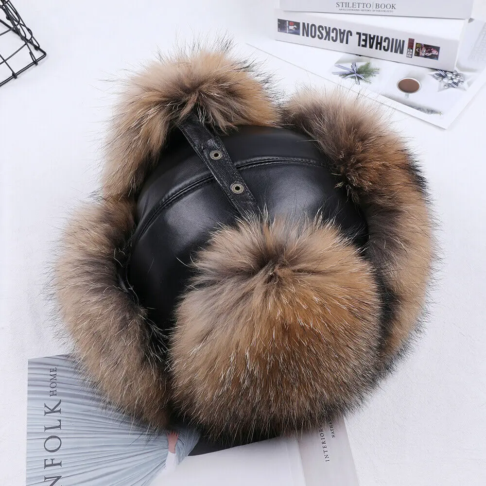 Winter Men\'s 100% Real Silver Fox Fur Bomber Hat Raccoon Fur Ushanka Cap Trapper Russian Man Ski Hats Caps Real Leather