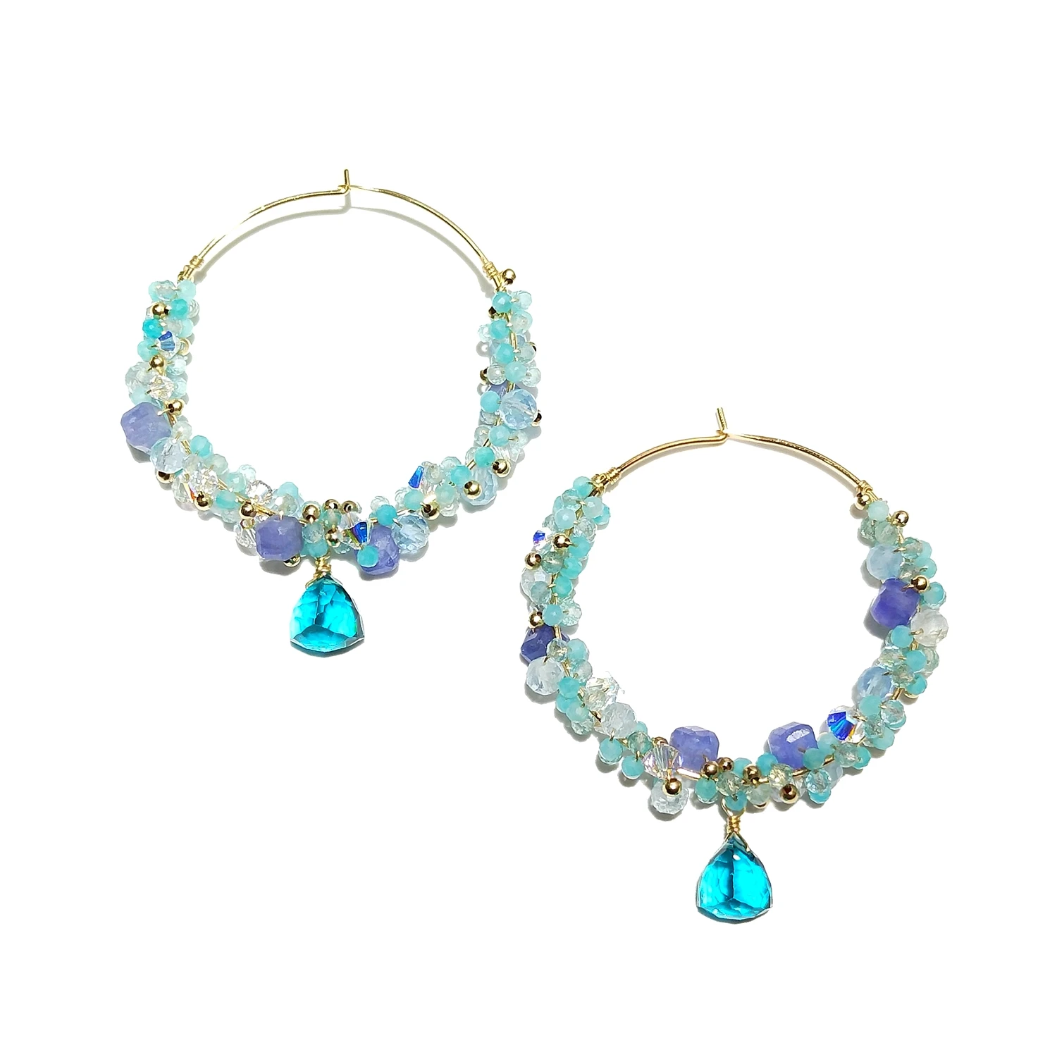 Lii Ji 925 Sterling Silver Gold Plated 40mm Tanzanite Amazonite Aquamarine Apatite Austrian Crystal Big Hoop Earrings